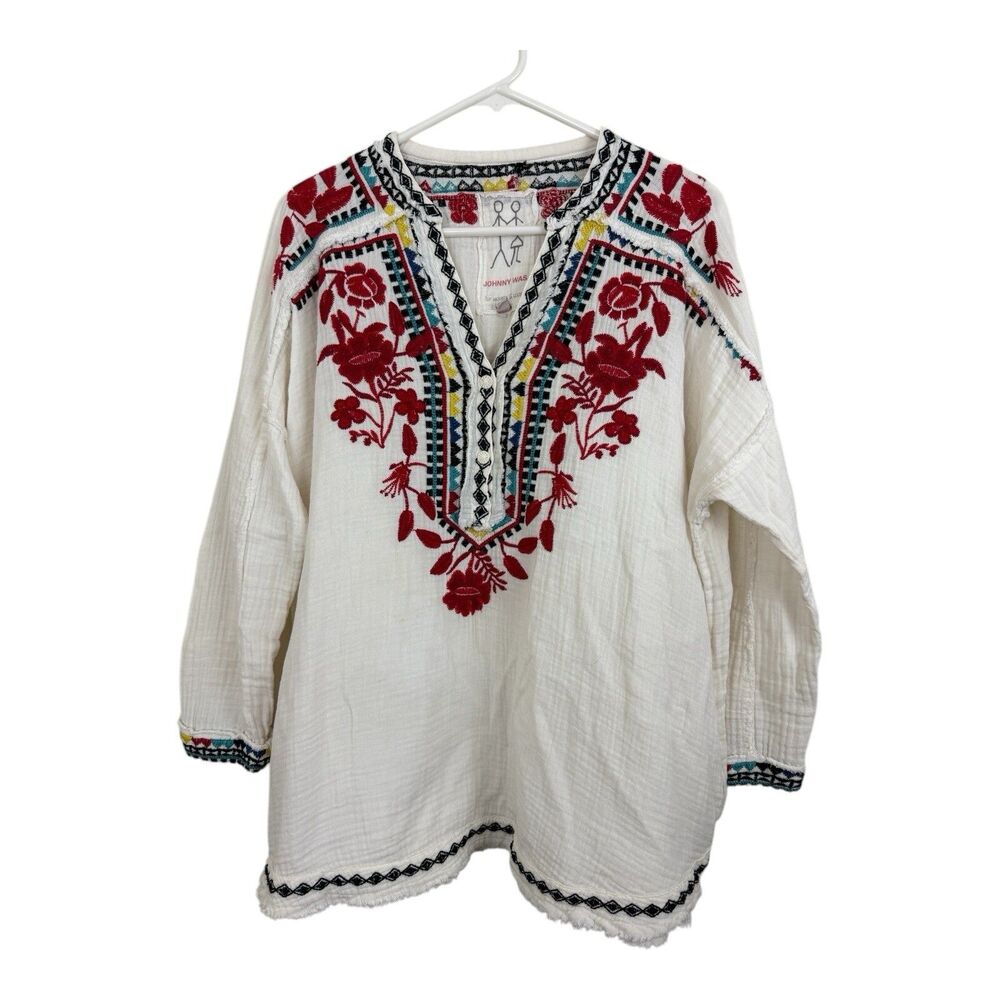 Johnny Was Embroidered Tunic Top Cotton Belvedere Gauze Boho Indie Hippie Summer - Picture 2 of 9